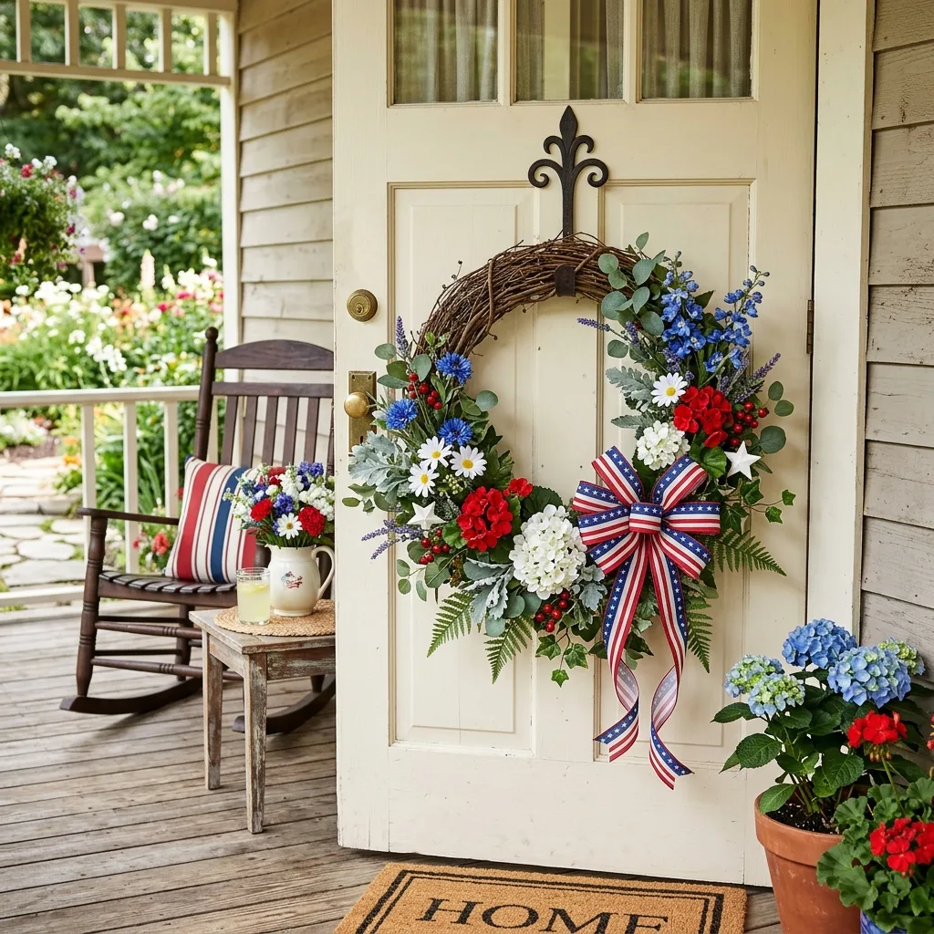 Floral patriotic wreath with red white and blue flowers